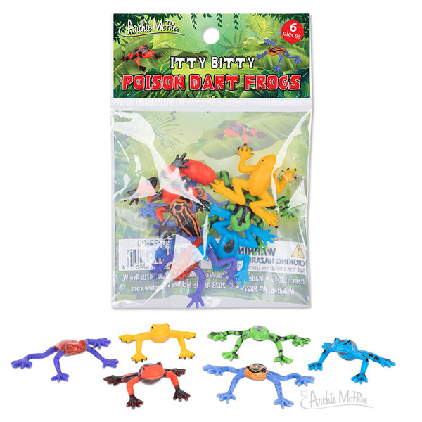 Six colorful miniature poison dart frogs and packaging