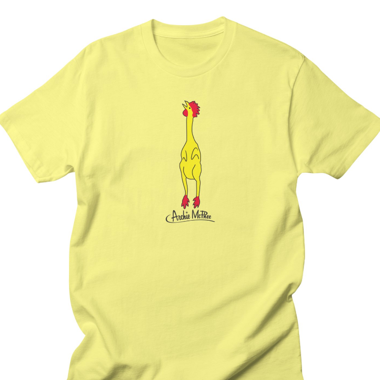 yellow shirt with rubber chicken