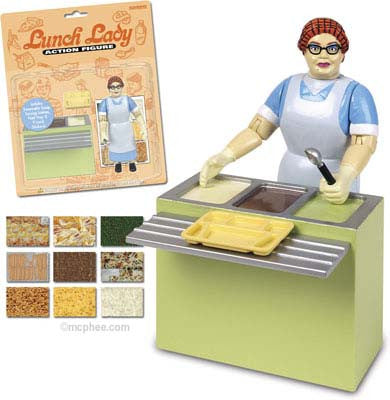 lunch lady action figure in front of counter