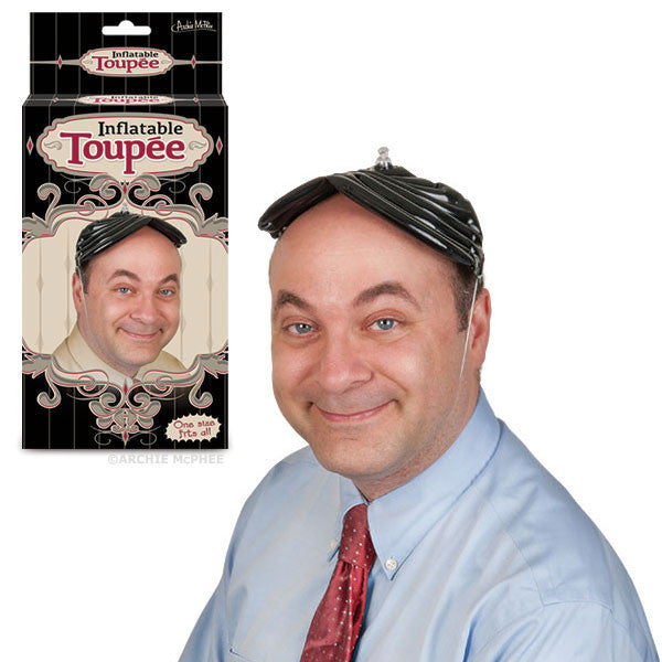 Man in inflatable toupee in front of package