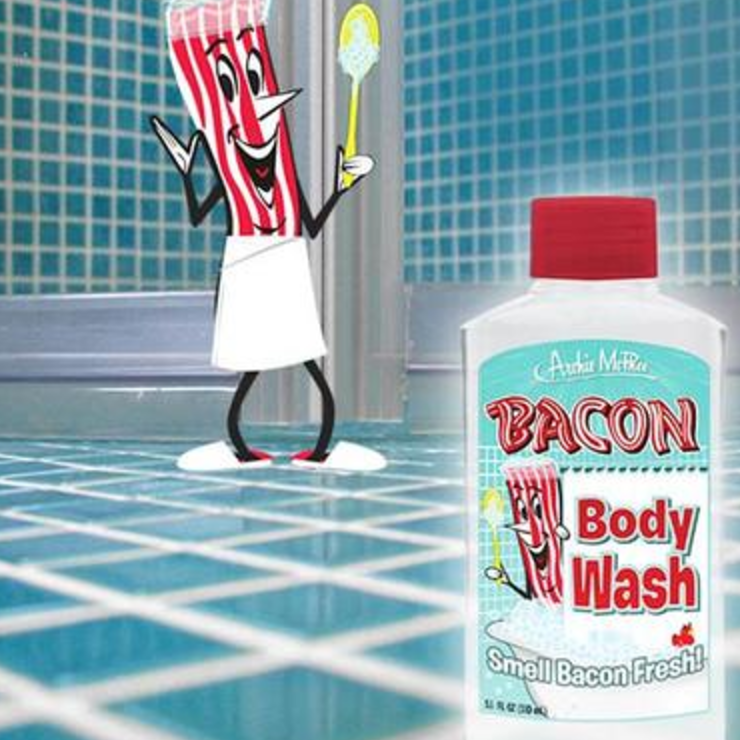 bacon getting out of the shower with bacon wash in foreground