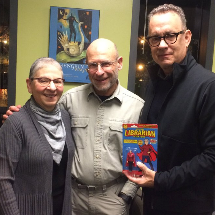 Nancy Pearl and Tom Hanks with librarian action figure
