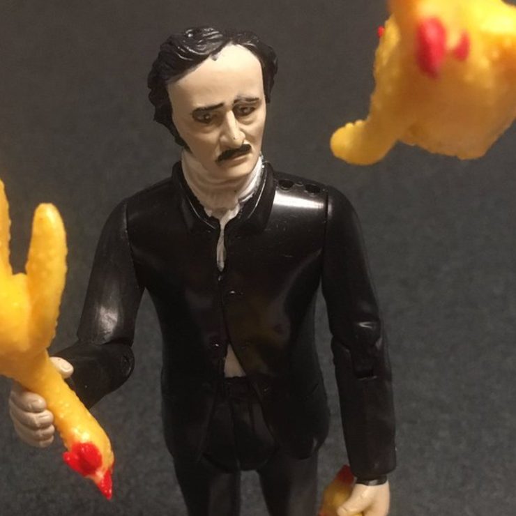 Edgar Allan Poe action figure juggling rubber chicknes