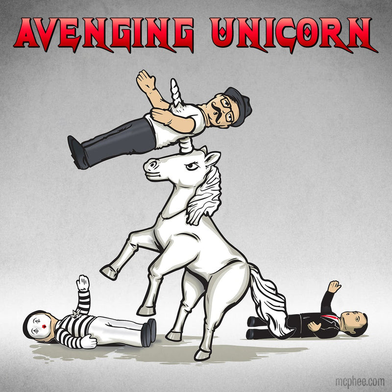 cartoon drawing of Avenging Unicorn piercing a hipster in the stye of a heavy metal album