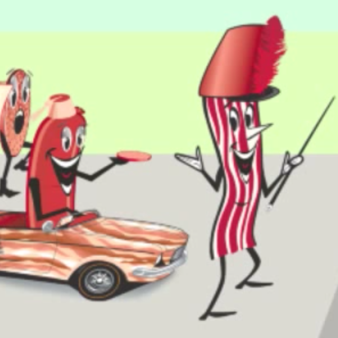 Meat car driven by sausage runs into mr bacon