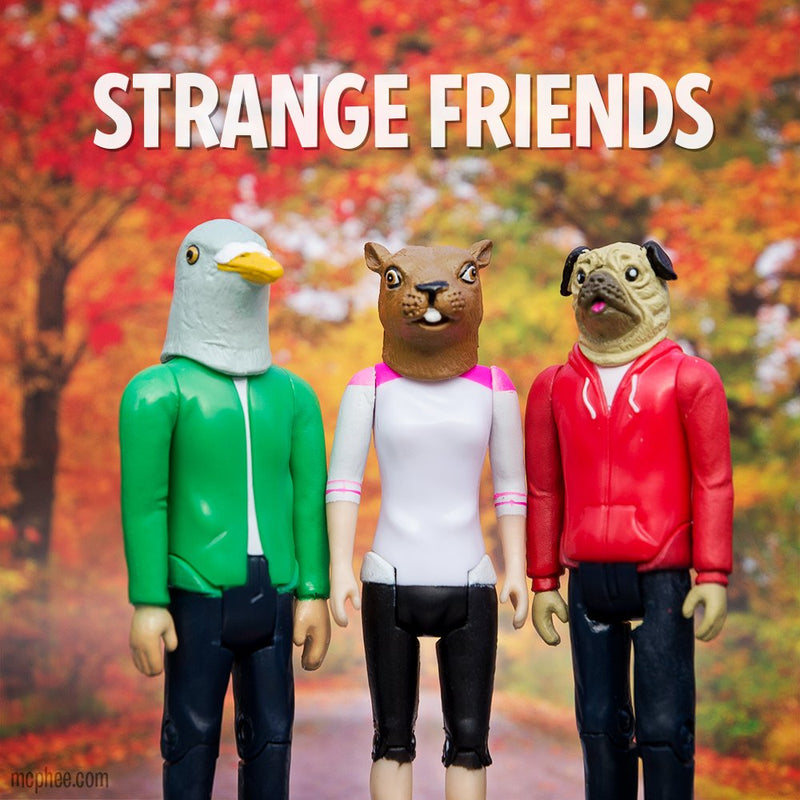 Strange friends action figures pigeon squirrel and pug person