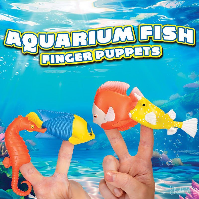 Hands submerged underwater come alive with Aquarium Fish Finger Puppets, transforming them into vibrant aquatic creatures.