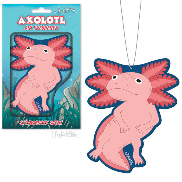 Pink axolotl air freshener with strawberry scent, displayed in packaging and as a hanging product. Cartoon-style amphibian with frilly gills, smiling face, and upright posture. Aquatic-themed background with teal colors and underwater plants.