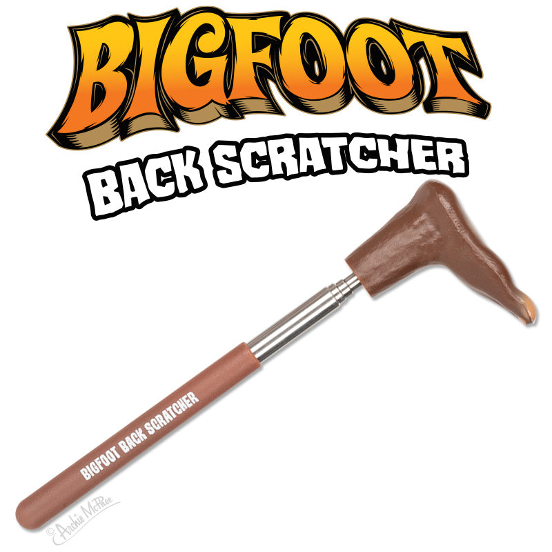Bigfoot Back Scratcher with an extendable handle and a large plastic foot for reaching all your sneaky itches.