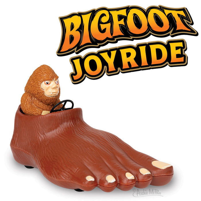 Bigfoot Joyride toy featuring a cartoon sasquatch driving a giant brown foot-shaped car with toes, under vibrant yellow and orange text logo