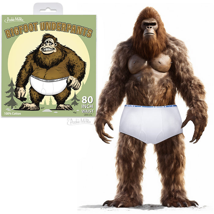 Bigfoot Underpants product image featuring a cartoon packaging with a hairy creature in white underwear, alongside a realistic furry creature model wearing oversized white briefs, showcasing the humorous and novelty nature of the product.