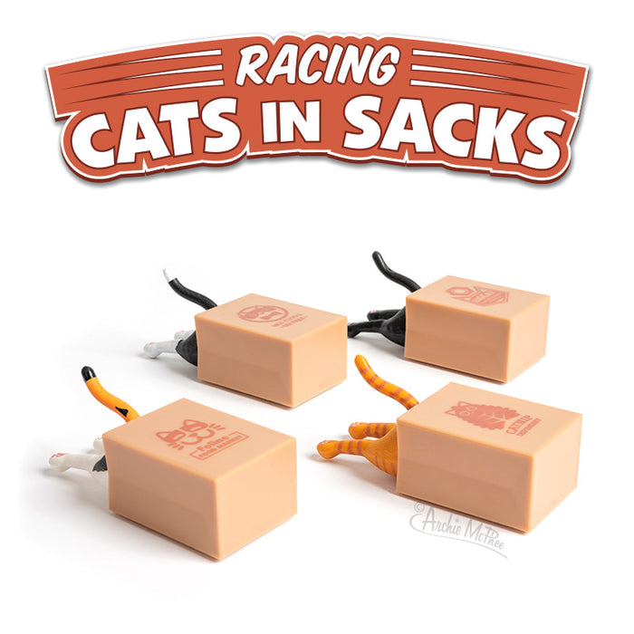 Set of four Racing Cats in Sacks toys, featuring beige-colored plastic cubes with cat tails and legs protruding, simulating cats inside bags. Red and white logo banner above displaying "Racing Cats in Sacks" text.