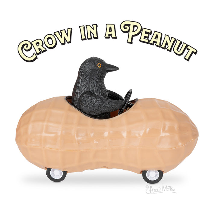 Whimsical toy featuring a black crow sitting in a peanut-shaped car with wheels, titled "Crow in a Peanut" above. Novelty pull-back vehicle for playful bird and nut enthusiasts.