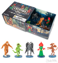 The Cryptids USA box includes five cryptid figures, featuring Bigfoot and the Flatwoods Monster, with a forest-themed design. It's a must-have for enthusiasts of America's legendary monsters.