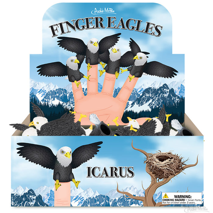 Finger Eagles Bulk Box display featuring miniature eagle toys on finger puppets, set against a mountain backdrop. Product box showcases eagles in flight, perched on a hand, and a nest, with 'Icarus' branding and choking hazard warning.