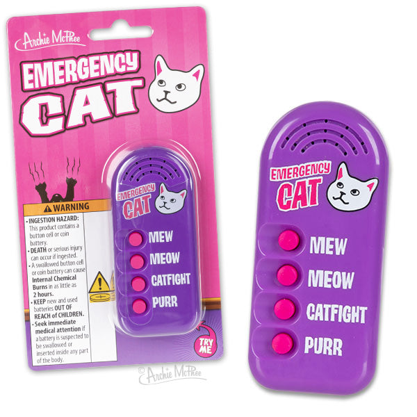 Emergency Cat Sounds noisemaker device with four buttons for different cat sounds, including mew, meow, catfight, and purr. Purple device displayed on pink packaging with cartoon cat face logo.