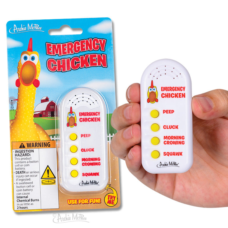 Emergency Chicken electronic noisemaker device with four sound buttons for peep, cluck, morning crowing, and squawk. Packaged product shown alongside a hand holding the white, handheld device featuring a cartoon chicken logo and colorful buttons.
