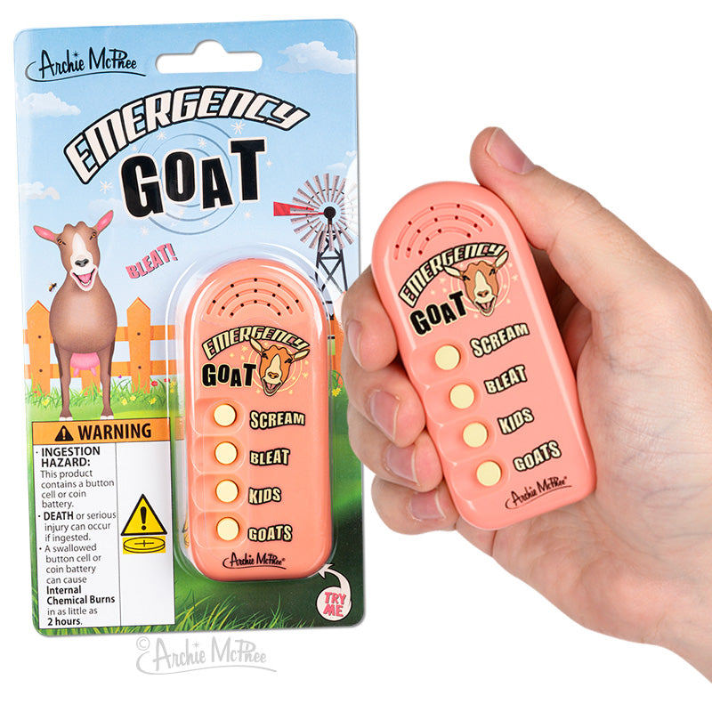 Emergency Goat Sounds noisemaker with four buttons for different goat sounds, shown in packaging and held in hand. Colorful product design featuring cartoon goat and farm background.