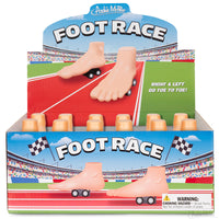 Foot Race Bulk Box showing multiple soft vinyl feet with wheels in a colorful race track display box