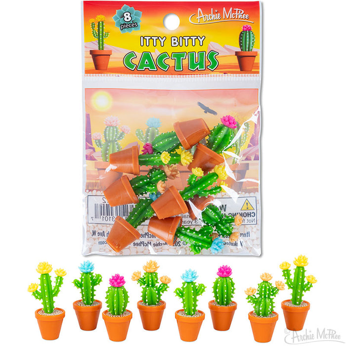 Colorful miniature cactus toys in resealable package, featuring eight different small vinyl cacti with vibrant flowers in terracotta pots, perfect for collectors and decoration enthusiasts seeking realistic desert plant replicas