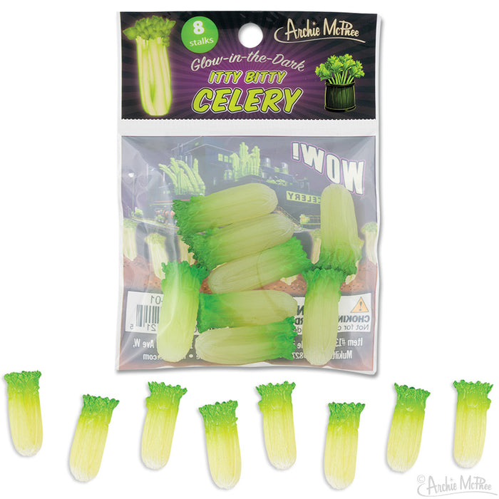 Glow-in-the-dark miniature celery ribs, 8 pieces in packaging, with product image showing green vinyl celery stalks and clear bag containing the items. Archie McPhee brand novelty product for nighttime fun and daytime display.