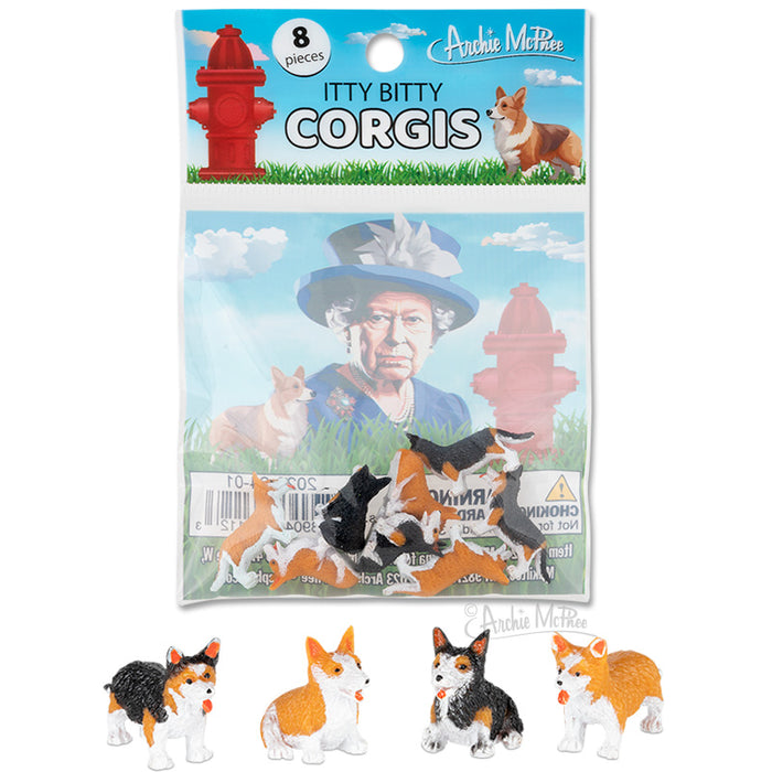 Itty Bitty Corgis toy set featuring 8 miniature corgi figurines in various poses and colors, displayed in packaging with a playful design including a fire hydrant and grass background