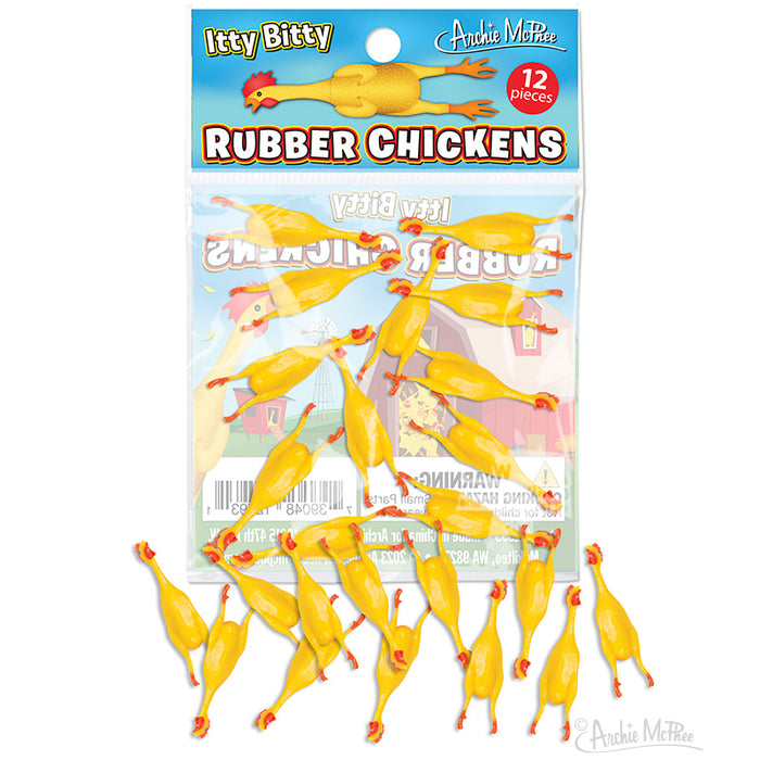 Itty Bitty Rubber Chickens pack of 12 small yellow toy chickens in clear packaging, featuring fun and hilarious miniature designs for gag gifts or party favors