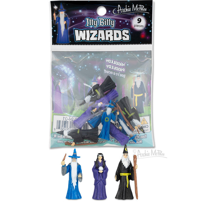 Bag of 9 Itty Bitty Wizards miniature figures, featuring three colorful wizard designs in blue, purple, and black robes, with packaging showing magical starry background and product details.