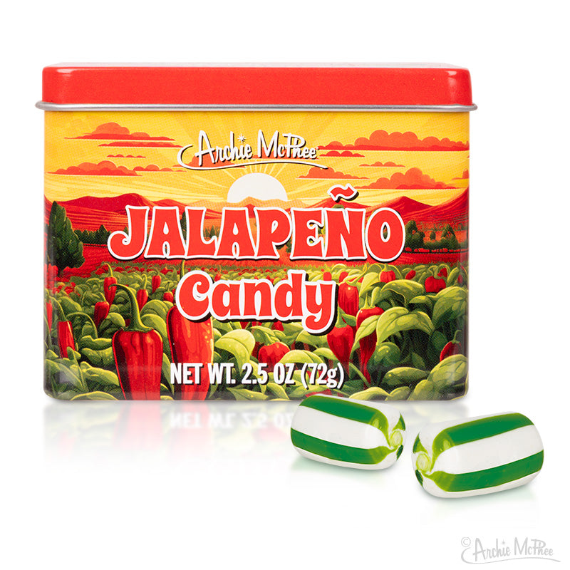 Brightly colored tin of Jalapeño Candy with two green and white striped hard candies in front, perfect for a spicy treat.