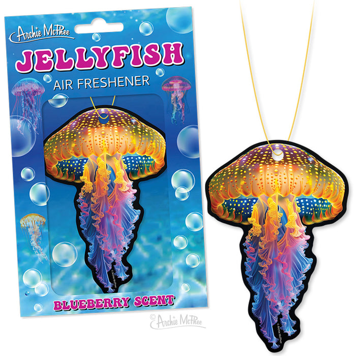 The Jellyfish Air Freshener is packaged in an illustrated cardboard sleeve and features a delightful blueberry scent.