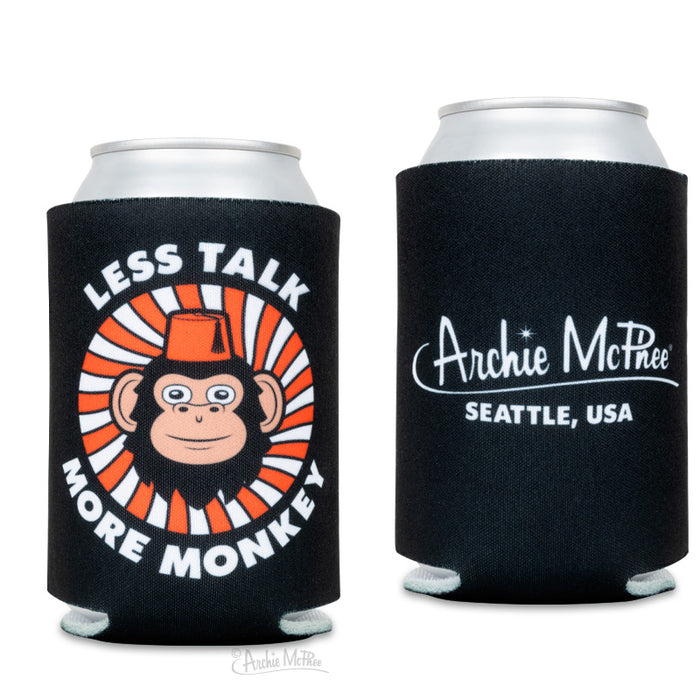 Black foam can coolers featuring "Less Talk, More Monkey" slogan with cartoon monkey design on one side and "Archie McPhee Seattle, USA" logo on the other, displayed against white background.