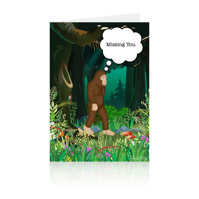 Bigfoot walking through lush forest, thought bubble saying "Missing You", colorful wildflowers in foreground, green trees in background, greeting card design