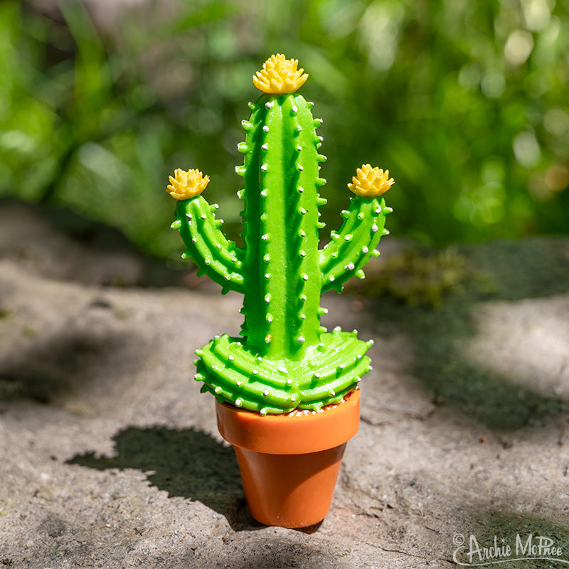 The Meditating Cactus, with its vibrant green hue and delicate yellow flowers, sits serenely in a small pot on a stone surface outdoors, radiating an aura of mindfulness.