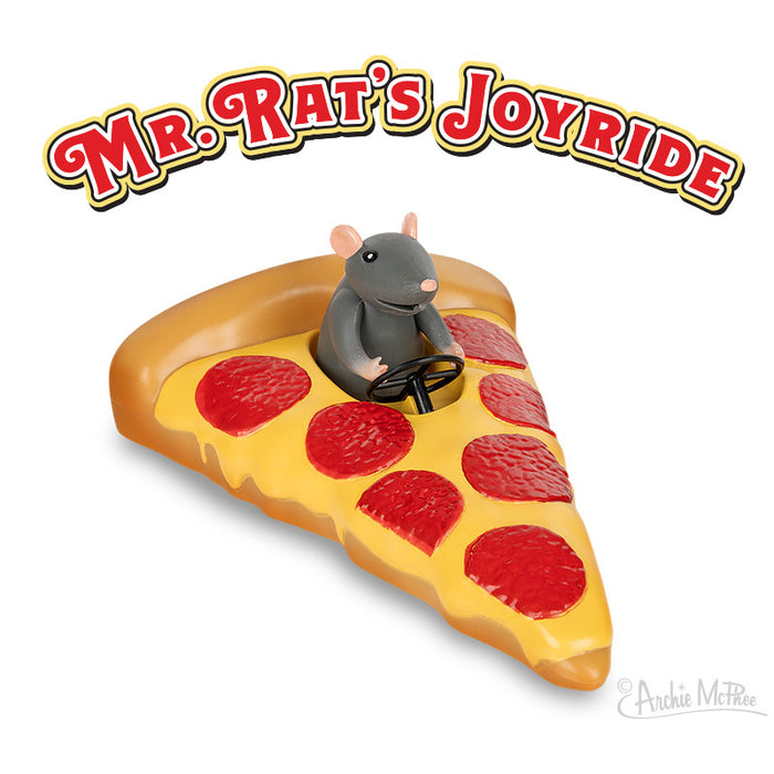 Cartoon rat driving a slice of pepperoni pizza toy, titled "Mr. Rat's Joyride". Colorful, whimsical design with a gray rat holding a steering wheel on a realistic-looking pizza slice with cheese and pepperoni toppings.