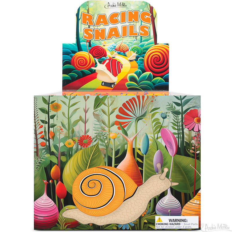 Colorful display box featuring racing snails toy set, with vibrant cartoon illustrations of snails and plants, showcasing the product's playful nature and garden-themed design