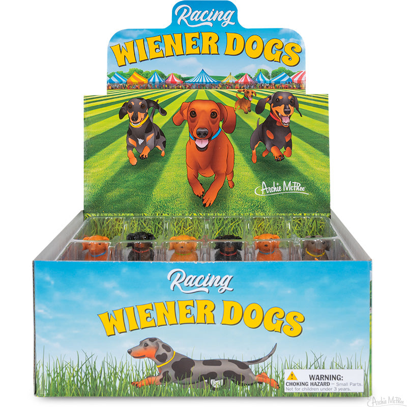 Racing Wiener Dogs Bulk Box with colorful soft vinyl toy dogs in a fun illustrated display for endless racing fun