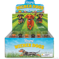 Racing Wiener Dogs Bulk Box with colorful soft vinyl toy dogs in a fun illustrated display for endless racing fun