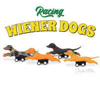 Racing Wiener Dogs - Set of 4 with colorful collars on wheels ready for a fun living room race showdown