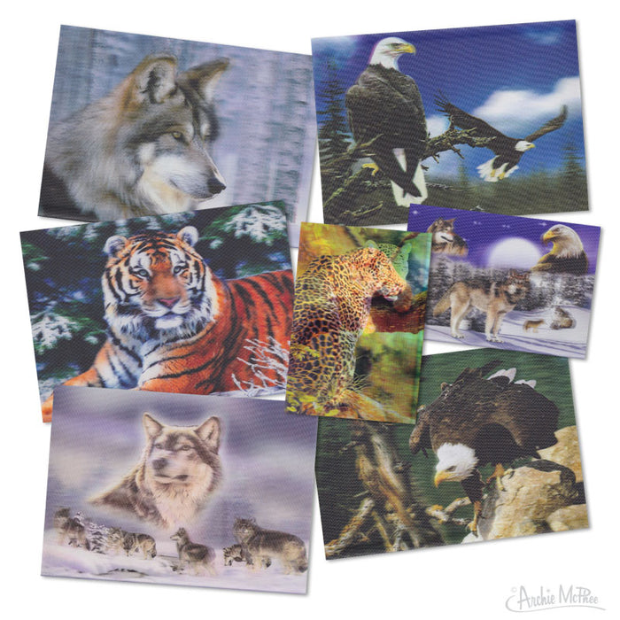 Lenticular cards featuring majestic wildlife images including wolves, eagles, tigers, and leopards. Set of seven 3D cards with various sizes displaying rugged, masculine animal themes perfect for tilting and admiring.