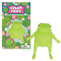 Green frog toy with packaging featuring flowers and 'Splat Frog' branding.