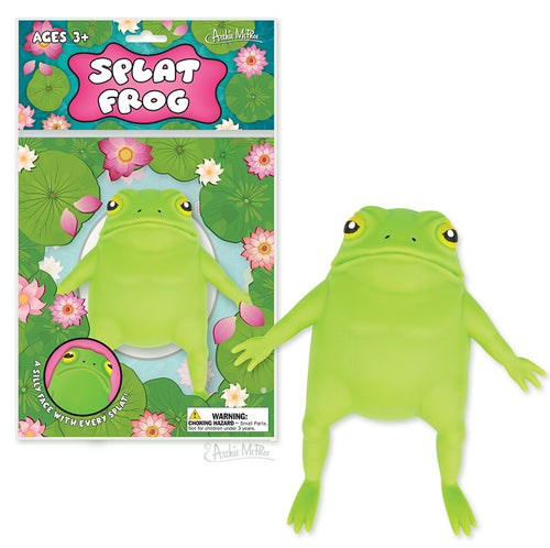 Green frog toy with packaging featuring flowers and 'Splat Frog' branding.
