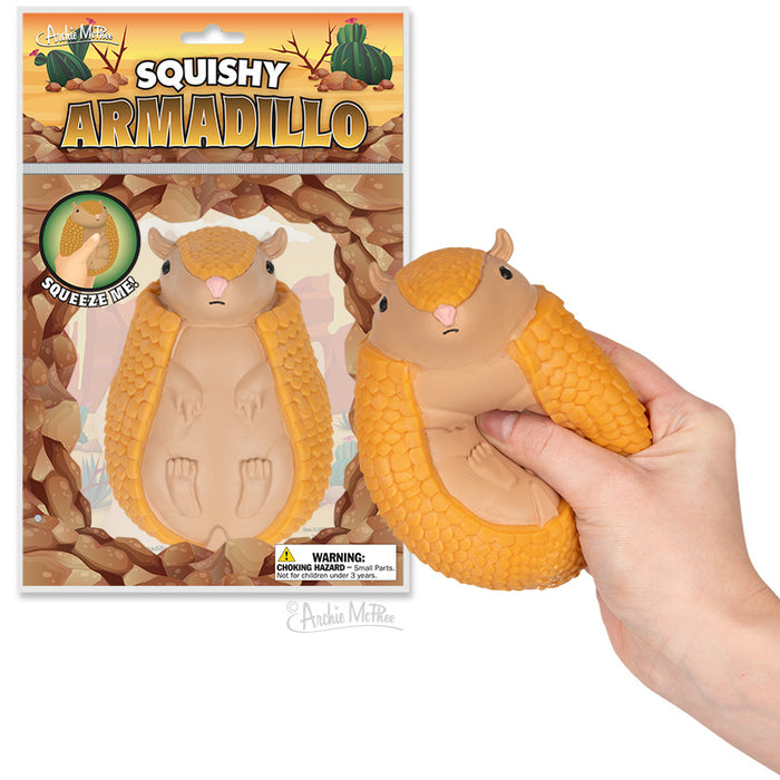 Squishy Armadillo toy with textured shell in packaging and hand demonstrating its squeezable nature, perfect for fidgeting and stress relief