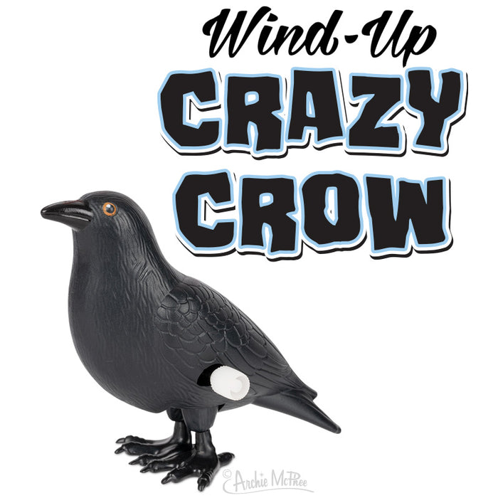 Wind-up toy black crow with yellow eyes and white wind-up key, standing beside large bold text reading "Wind-Up Crazy Crow" in black and white letters with blue outline