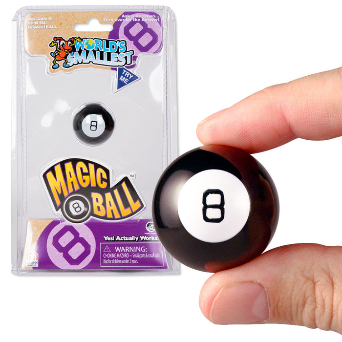 World's Smallest Magic 8-Ball in packaging and held between fingers, showcasing its miniature size. Product features colorful branding and a clear display window revealing the tiny black ball with white number 8.