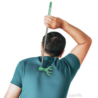Man using the Back Kraken telescopic back scratcher with green octopus tentacles reaching his back itch