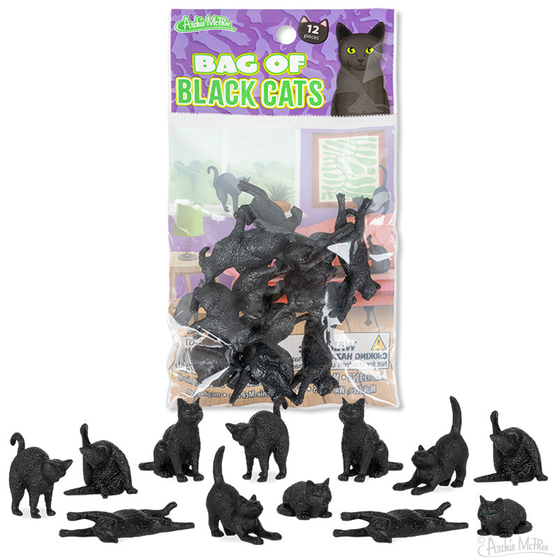Bag of Black Cats with 12 tiny black cat figurines in six styles for spooky fun or decorating
