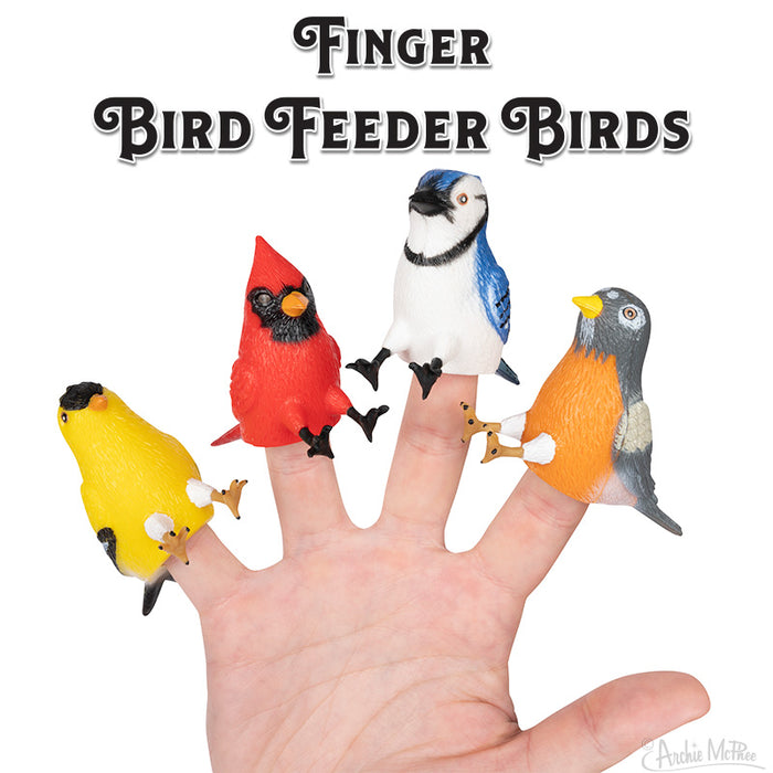 Set of four colorful bird finger puppets including cardinal, blue jay, goldfinch, and robin, worn on a hand against a white background. Text reads "Finger Bird Feeder Birds" at the top.