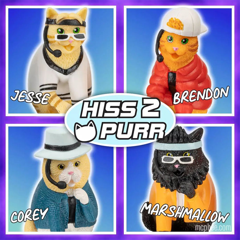 Four cartoon cat figurines styled as boy band members, each with unique outfits and accessories. Center logo reads "Hiss 2 Purr" with cat paw. Characters named Jesse, Brendon, Corey, and Marshmallow displayed in colorful square frames.