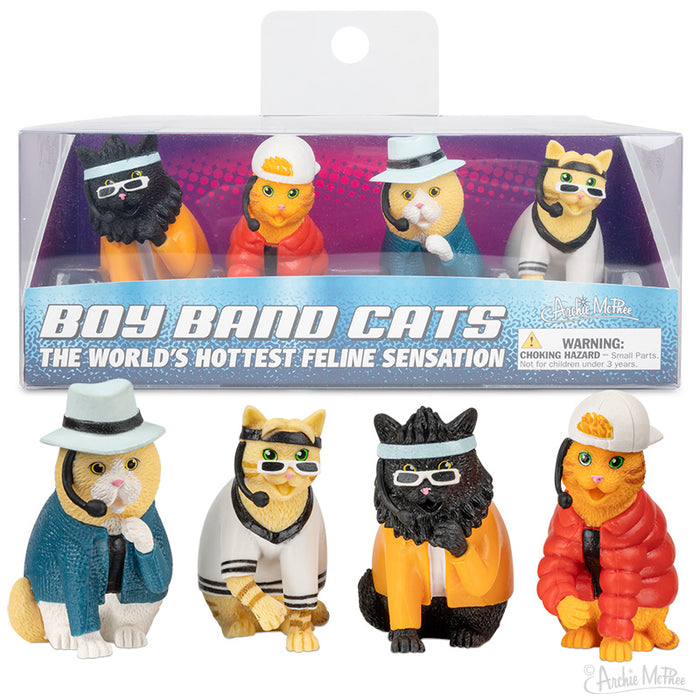 Set of four colorful cat figurines dressed as boy band members, including a fedora-wearing leader, in a retro-style packaging labeled 'Boy Band Cats: The World's Hottest Feline Sensation