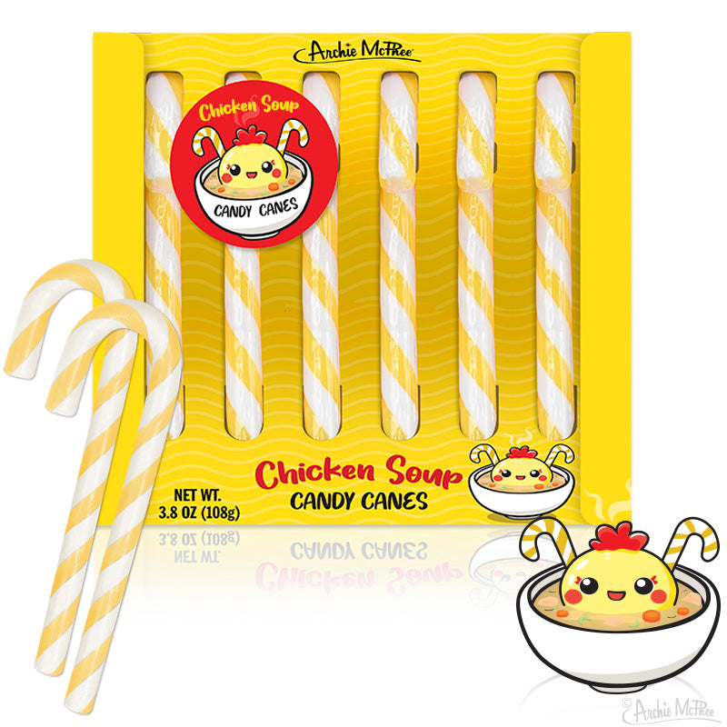 Box of six yellow and white striped Chicken Soup Candy Canes with cartoon chicken soup bowl on packaging and three candy canes outside box